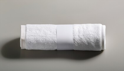 Obraz premium Rolled White Towel With Blank Paper Band Minimal Product Mockup