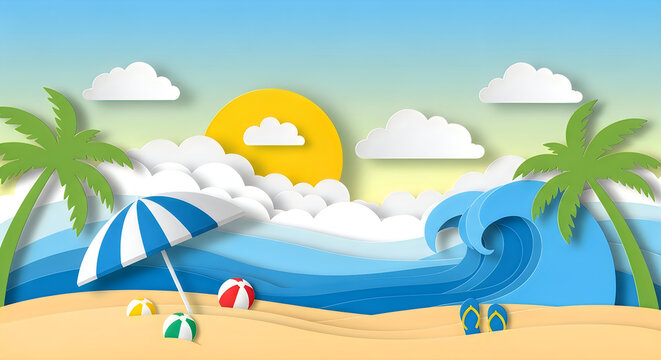 A vibrant beach scene with a sunny day and fun beach accessories