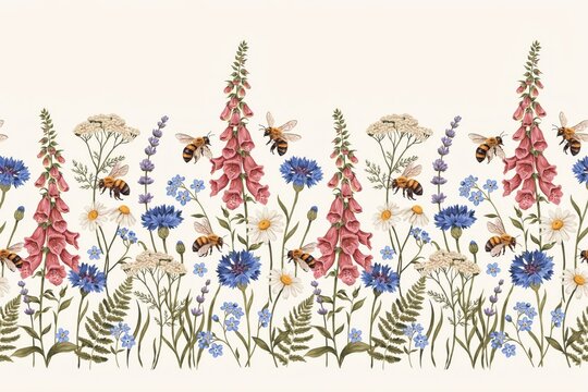 Seamless pattern featuring a horizontal border of colorful wildflowers including foxgloves, cornflowers, daisies, and lavender with bees