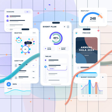 Modern event planning dashboard vector with mobile app screens, seating chart, RSVP stats, vendor checklist and budget graphs on grid background