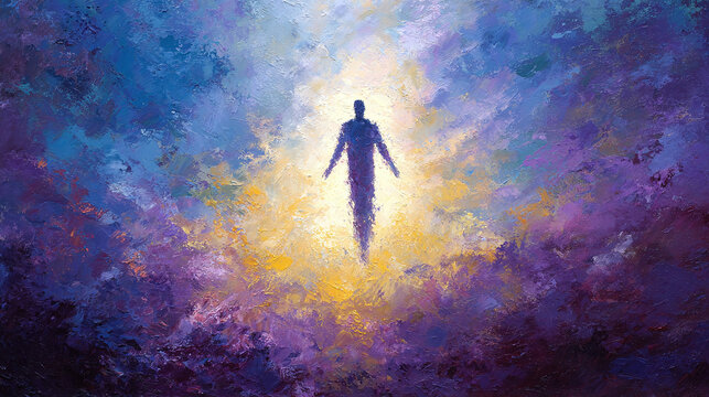 Abstract figure ascend into light, spiritual journey, hope, peace, eternity