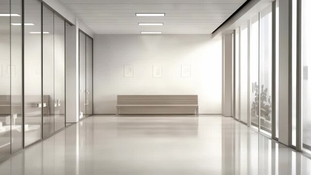A blurred view of a modern office space featuring glass partitions, polished floors, and neutral colors. The clean environment highlights a sleek, corporate, and innovative workspace