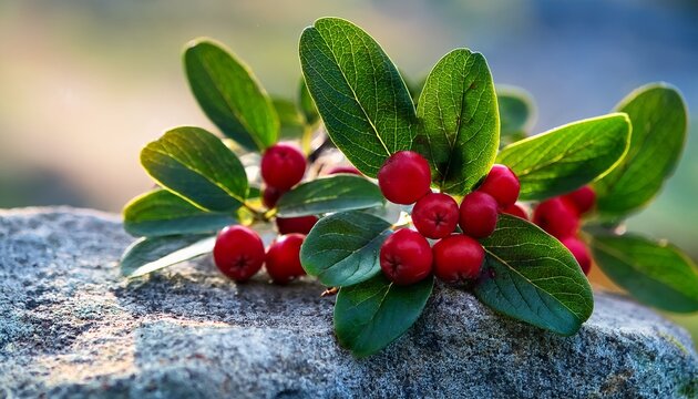 Cotoneaster Dammeri Bush With Green Leaves And Red Berries On A Stone Macro Shooting Closeup