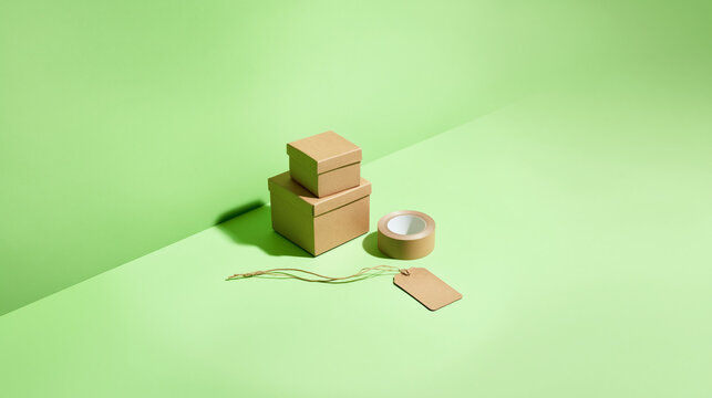 Cardboard Boxes and Tape on Green Background
