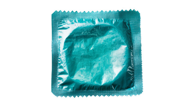 Isolated teal blue condom in sealed protective wrapper for safe sex and contraception