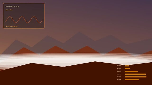 Autumn fog blanket flows over dark layered mountain silhouettes shown within a digital data interface displaying fluctuating wave patterns and rising bar graph growth metrics
