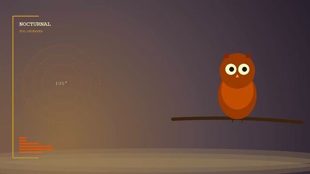 An autumn fog blanket surrounds a cartoon brown owl perched upon a thin wooden branch with glowing navigation radar circles displayed in a dark setting