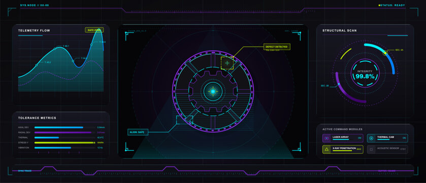 Futuristic structural inspection dashboard vector with neon telemetry charts, gear scan target, defect alert, integrity gauge and command modules