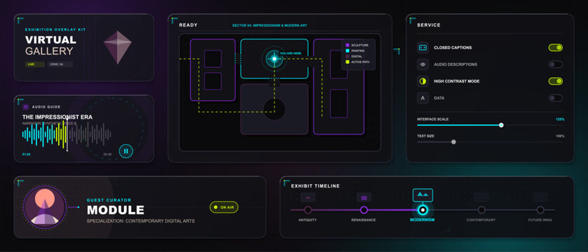 Dark virtual gallery overlay kit vector with exhibition map, audio guide waveform, accessibility service settings, curator panel and timeline