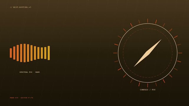 An autumn fog blanket visualizes data signals with glowing orange spectral bars and rotating compass circular navigation interfaces displayed on a dark brown gradient digital screen