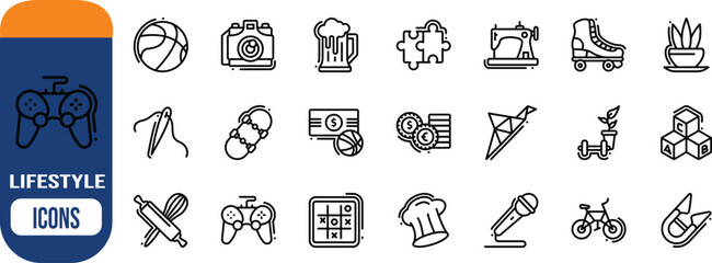 Lifestyle hobbies and recreation vector icons. camera icon set, bicycle icon set, basketball icon set © Habib
