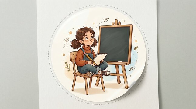 Young girl sitting with notebook and chalkboard in classroom setting