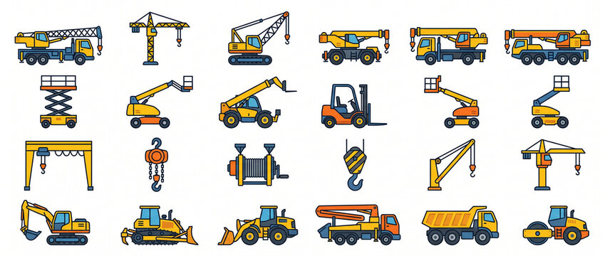 Ensemble d'ic&ocirc;nes color&eacute;es de v&eacute;hicules de construction et grues industrielles