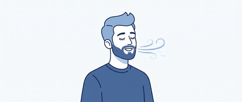 Illustration d'un homme barbu qui respire profond&eacute;ment ou m&eacute;dite calmement
