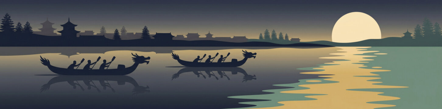 Silhouette de bateaux dragons sur un lac asiatique lors du coucher de soleil