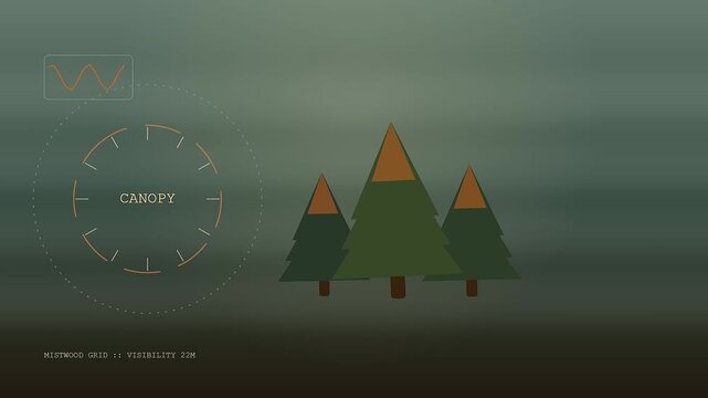 An autumn fog blanket surrounds these digital pine tree icons displayed on a mysterious forest sensor grid interface with fluctuating wave patterns in a quiet wilderness