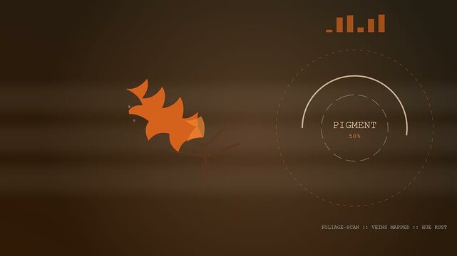 Autumn fog blanket creates a digital interface overlaying floating organic leaf structures with shifting light and circular data patterns in a simulated botanical biology analysis