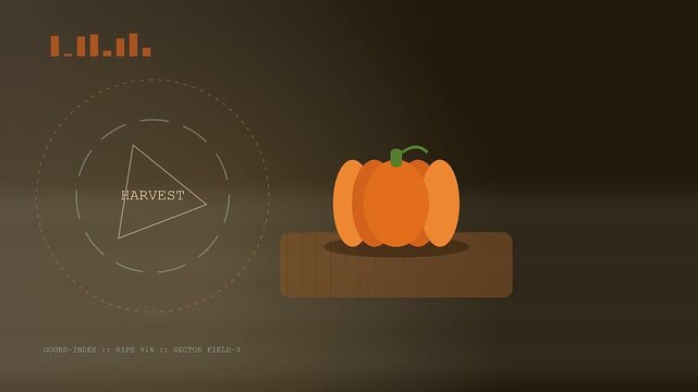 An autumn fog blanket appears over digital orange pumpkin illustrations within a minimalist user interface display featuring triangular harvest symbols and scrolling data bar graphs