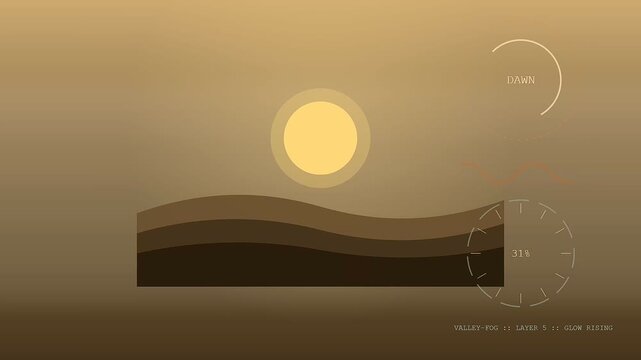 Autumn fog blanket visual data streams display minimalist solar icons and atmospheric layers moving across a desert landscape in warm gold sunset hues during dusk