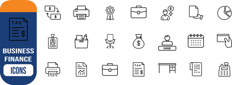 Business and finance outline icons. printer icon set, briefcase icon set, calendar icon set