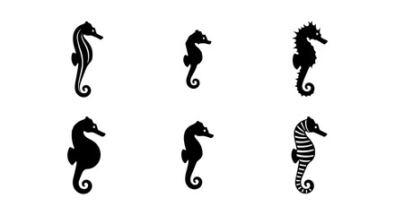 Seahorse icon set, black silhouette, white background © Rani