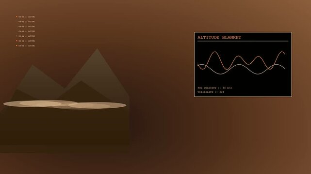 Autumn fog blanket imagery displayed on interface screens showing topographic wave patterns and variable environmental data metrics captured in a dark brown monochromatic digital display setting