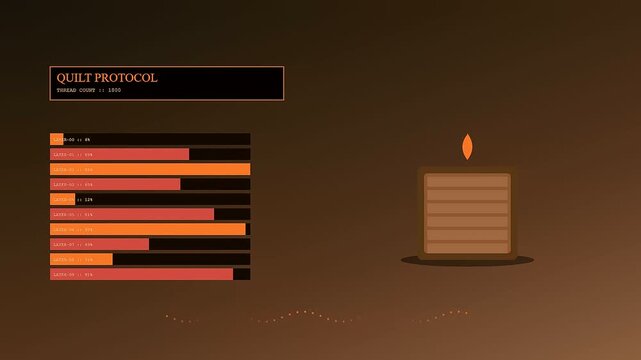 An autumn fog blanket surrounds a glowing digital interface featuring rising bar charts and candle icons representing data load progression within a minimalist virtual dashboard environment