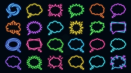 Obraz premium Collection of colorful neon speech bubbles and thought bubbles on a dark background.