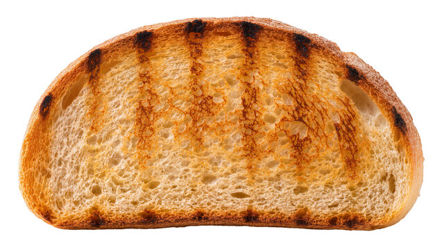 Isolated toasted bread slice with dark grill marks, crispy golden brown texture, delicious snack
