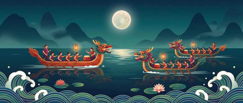 Course traditionnelle de bateaux-dragons sous la pleine lune en Asie