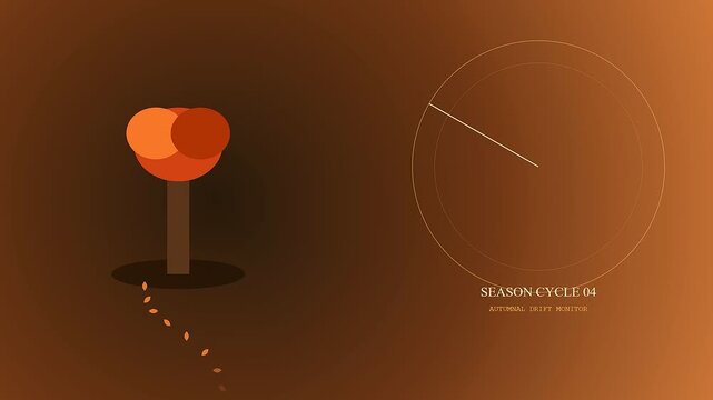 Autumn fog blanket surrounds a stylized tree graphic rotating with circular indicators as leaves drift downward in a minimalist animation sequence for seasonal data tracking projects