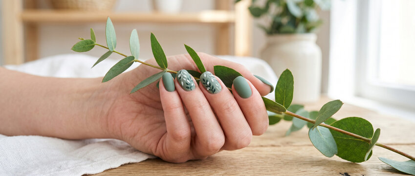 Main de femme avec manucure verte mate tenant une branche d'eucalyptus