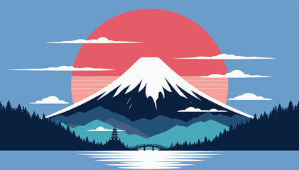 Minimalist Vector Illustration of Mount Fuji in Japan with Red Sun, Traditional Pagoda, Bridge, and Pine Forest Silhouette Over a Lake Landscape - Perfect for Travel and Culture Themes. © raja