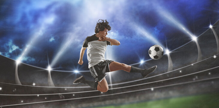 soccer player in action in soccer stadium kick soccer ball - symbolizing an international football tournament.