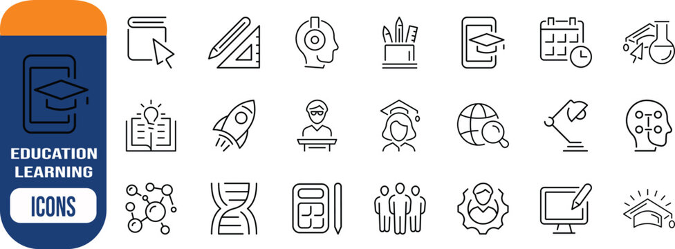 Education learning science technology vector icons. book icon set, graduation cap icon set, rocket icon set