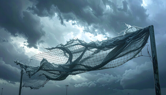 A tattered soccer goal net blows in the strong wind under a dark and ominous stormy sky during a dramatic weather event