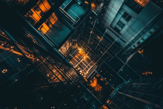 Tilted view of tall city buildings with glowing lights and reflections at night, creating a moody urban scene with strong lines and modern architecture.