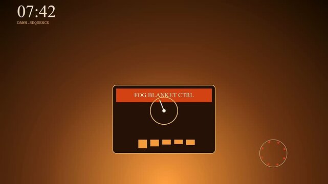 The autumn fog blanket control interface displays various settings during a sequence on a glowing screen featuring circular dial indicators and square adjustment buttons