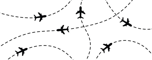 Airplane flight path pattern background with curved dotted route lines for travel and aviation design. Vector illustration isolated on transparent background © Solayman