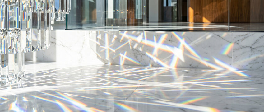 Reflets de lumi&egrave;re arc-en-ciel sur sol en marbre