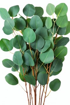 Green eucalyptus leaves and stems isolated on a white background, arranged as a decorative botanical bunch