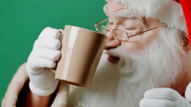 Jolly santa claus enjoying a warm beverage against a festive green background