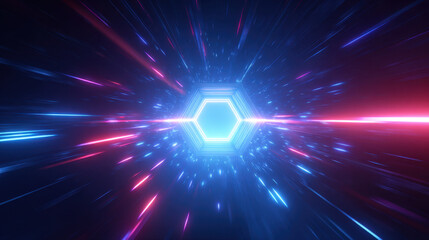 Fototapeta premium Futuristic data tunnel with glowing neon blue light and radiant speed streaks in abstract technology background
