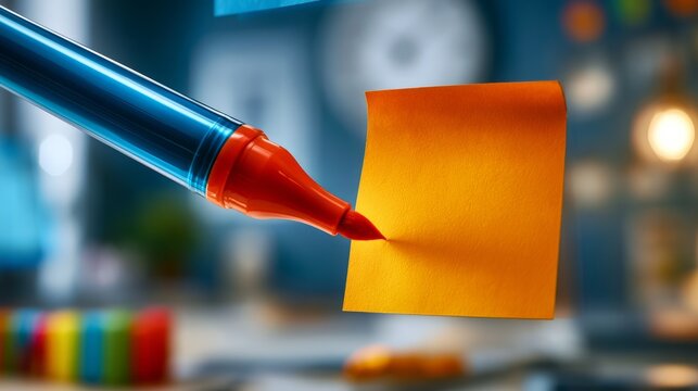 Close-up of a blue pen with orange tip and sticky note on desk