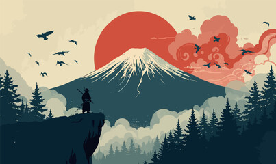 Japanese Samurai Warrior Standing on Cliff Edge Overlooking Mount Fuji and Pine Forest at Sunset with Red Sun and Birds Vector Illustration for Oriental Culture and Adventure Travel Themes. © raja