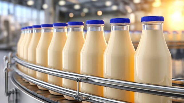 Bottles of Milk on Conveyor Belt in Modern Food Production Facility