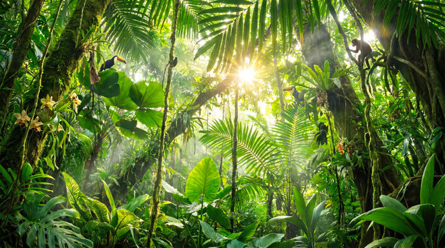 Beautiful lush green tropical rainforest jungle landscape featuring bright morning sunlight shining through dense exotic foliage with wild monkey and toucan birds