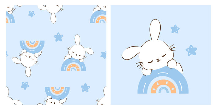 Cute sleeping bunny on rainbow seamless pattern with stars on pastel blue background, adorable nursery illustration for baby products, fabric and children's room decor.