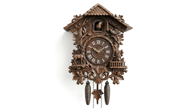 Traditional carved wooden cuckoo clock antique wall timepiece isolated plain white background vintage clockwork mechanism rustic home decor beautiful object wood carving