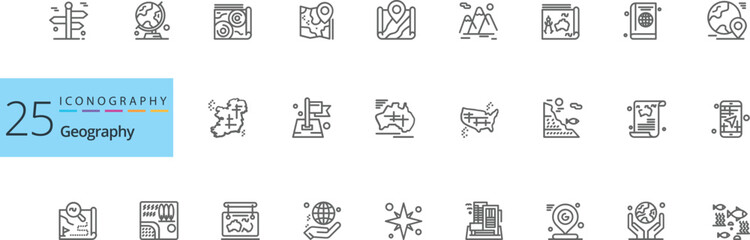 Fototapeta premium Geographical set of twenty five thin line icons showing maps navigation earth globe travel pins landscape orientation coordinate systems location tracking tools for global logistics.